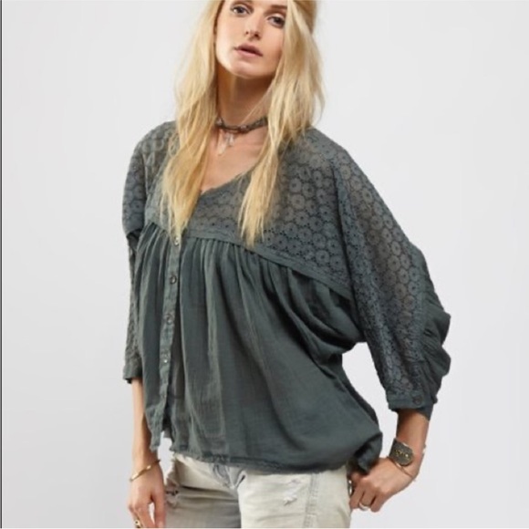 Free People | Two to Tango Cotton Eyelet Gauze Boho Green Blouse | Large - Picture 3 of 6